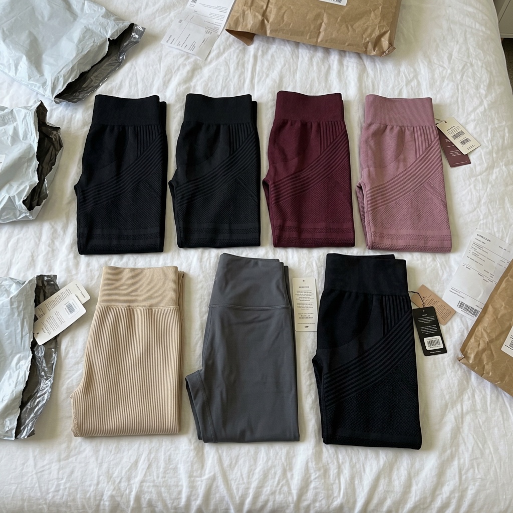 All seven pairs of leggings laid flat on a bed with order slips