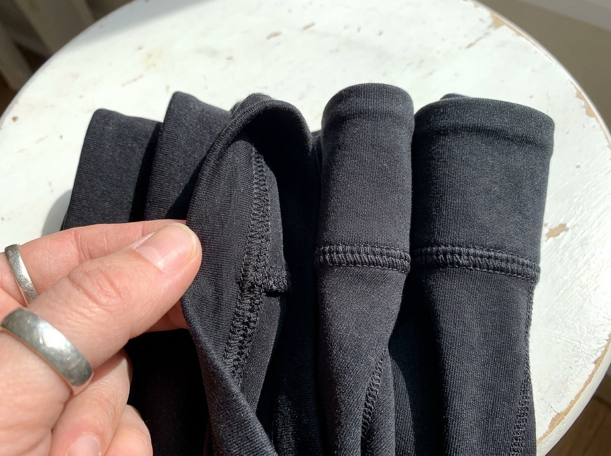Four identical leggings waistbands stacked side by side showing identical stitching